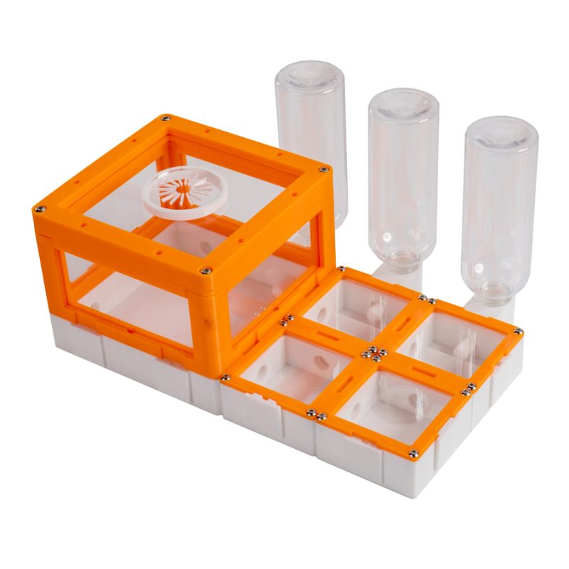 Ant Farm Observation Nest with Feeding Bottles, Orange and Clear Acrylic Frame, Multiple Activity Chambers, Expandable Design